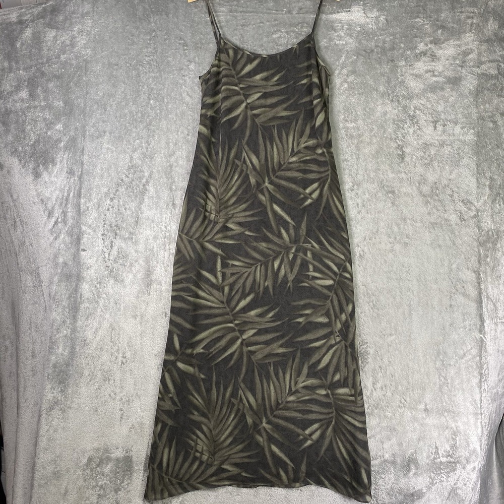 VTG Jones New York Dress Womens 4P Green Palm Silk Slip Maxi‎ Dark Tropical 90s